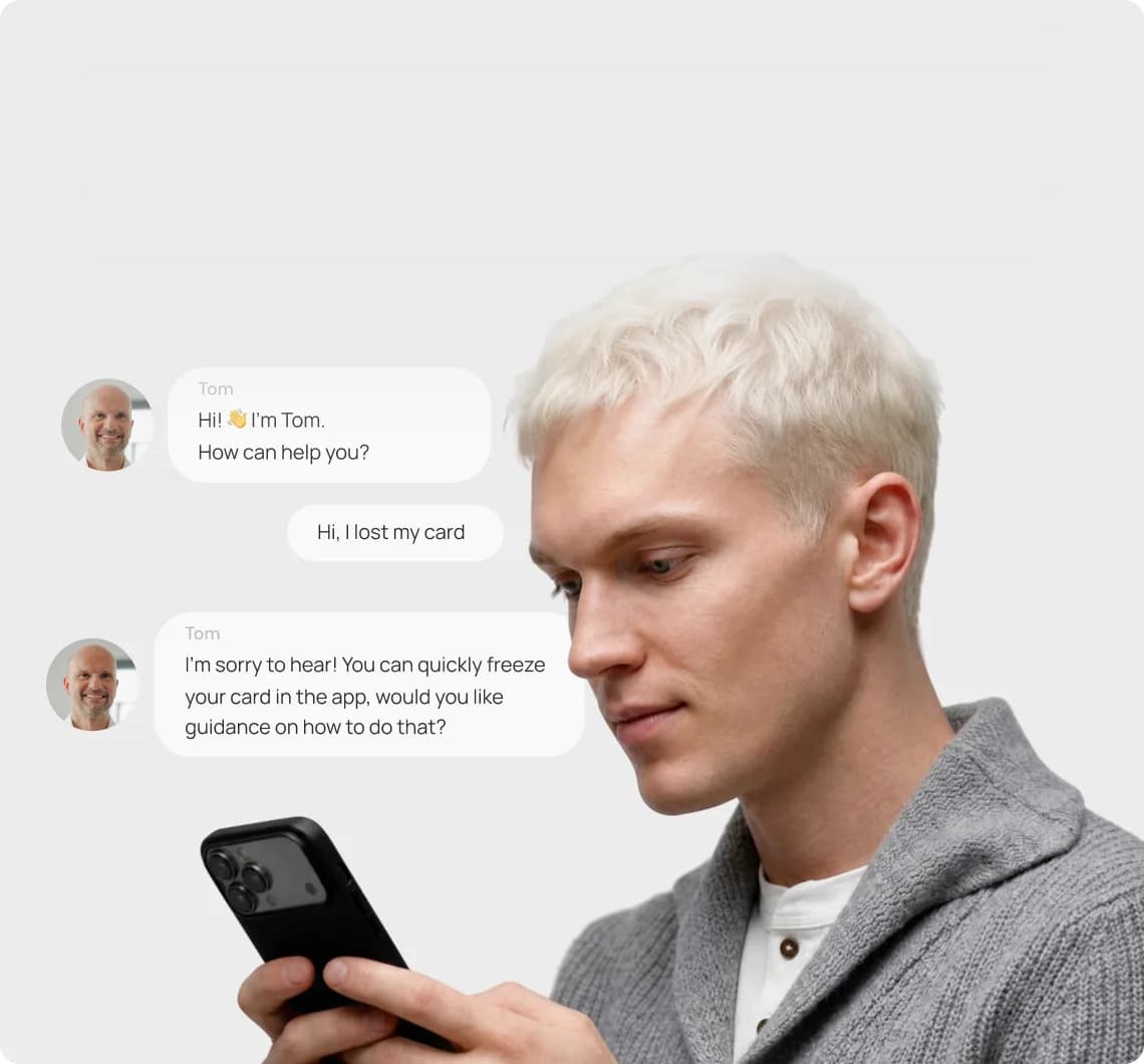 Tap 24/7 support chat with agent Tom helping a user who lost their card