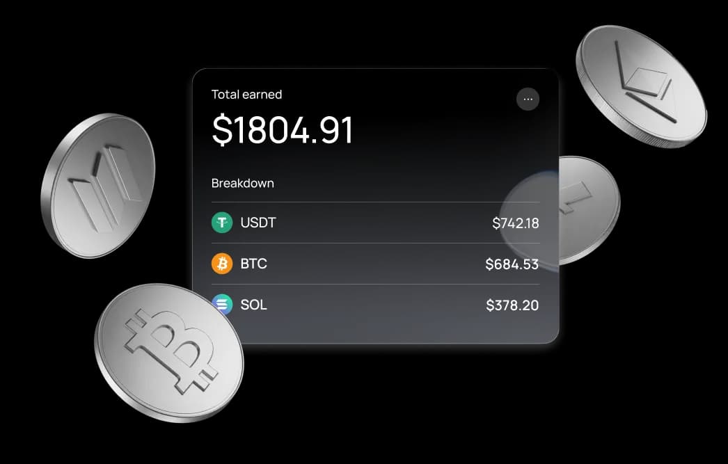Tap earnings dashboard showing USDT, BTC and SOL yields with floating crypto coins
