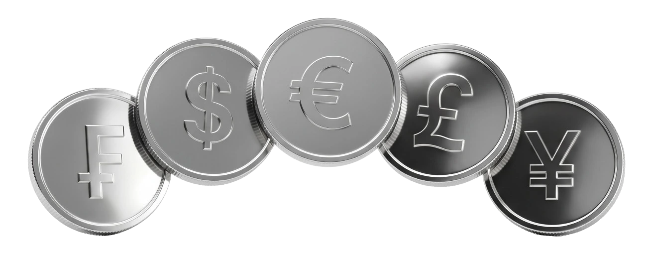 Silver coins showing franc, dollar, euro, pound and yen symbols