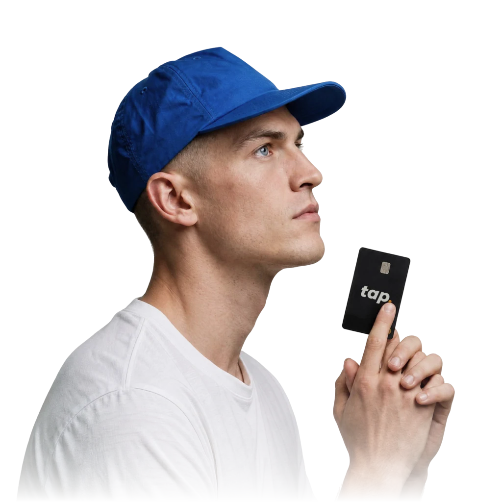 Person holding a Tap card with a cashback notification: Cha-ching, about €1.60 landed